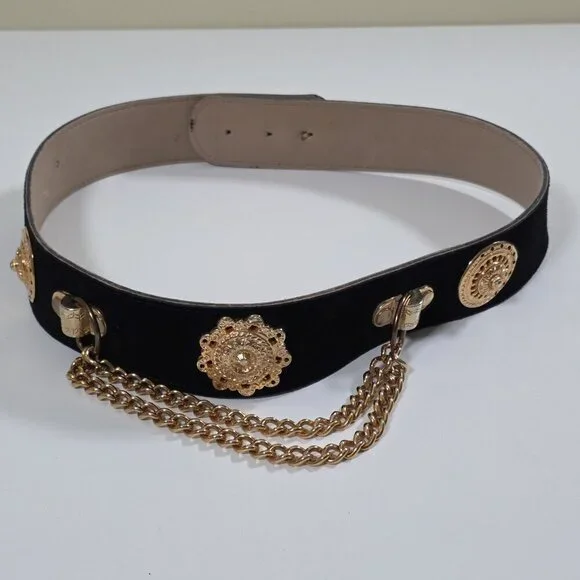 Kudos Vtg Medallion Embellished Belt Women Black Gold Whimsigoth Y2K 90s Fashion - Picture 1 of 11
